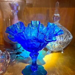 Vintage Fenton Cobalt cabbage rose footed compote candy dish 6” blue ruffled